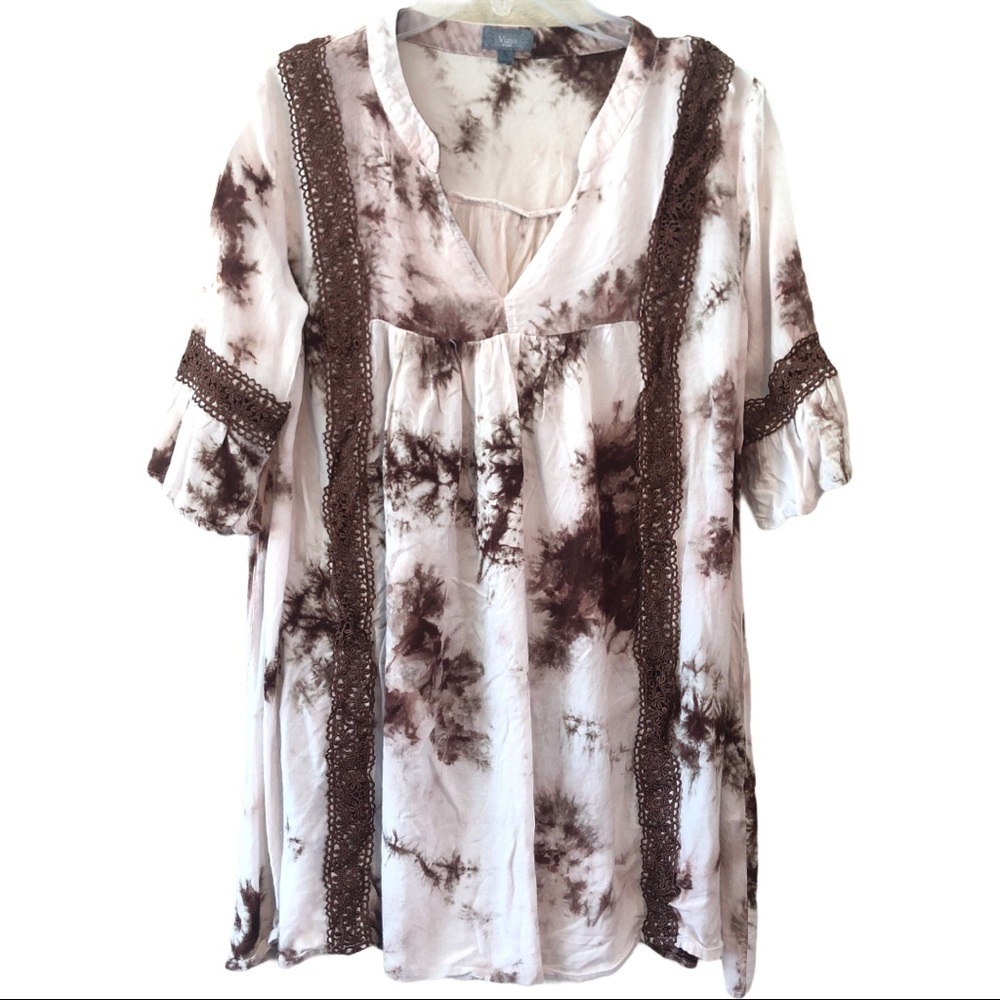 VIzio USA Brown & Tan Tie Die Bell Sleeves Tunic S - Picture 2 of 9